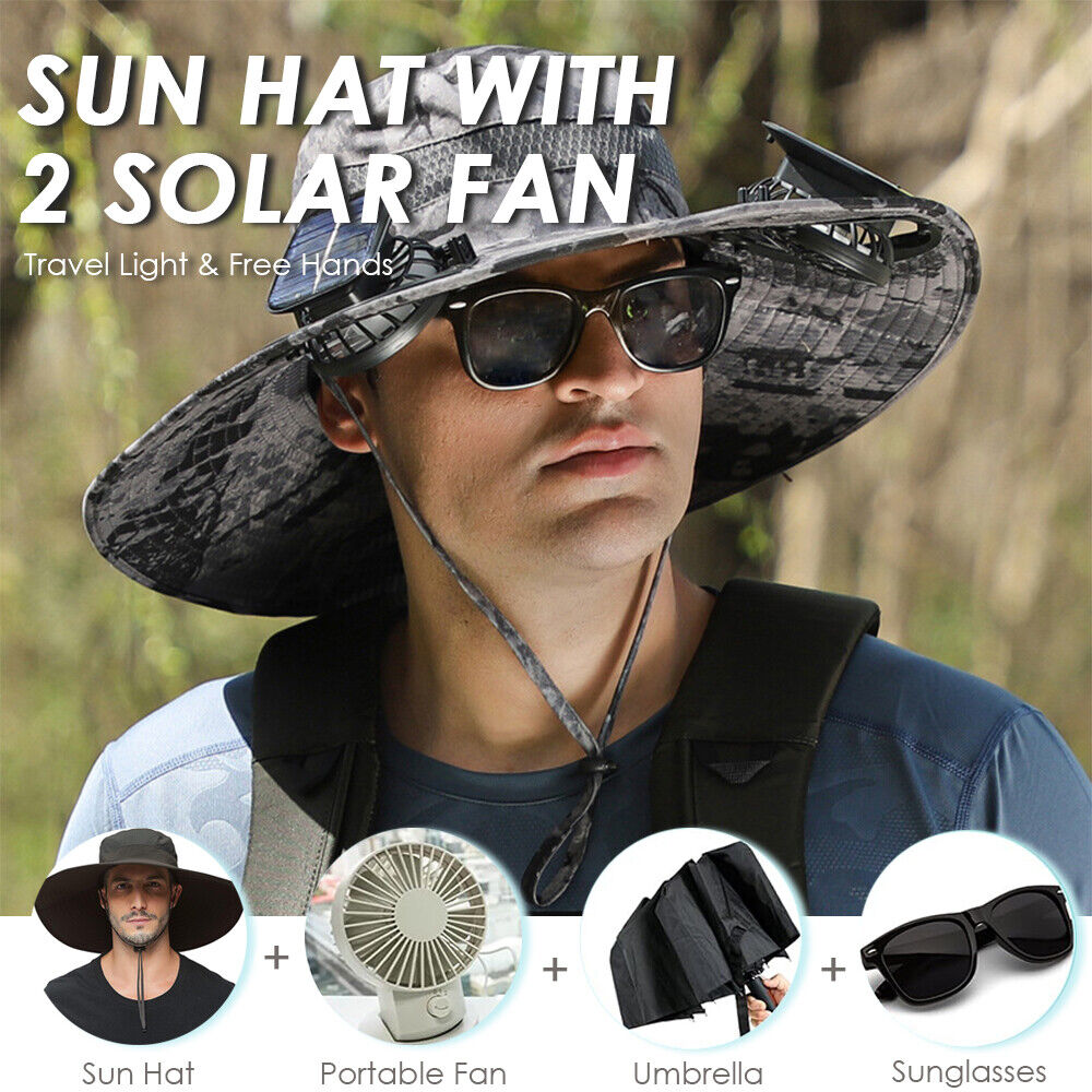 GoCamping UPF 50+ Solar Fan Sun Hat – Wide Brim Bucket Hat with Dual Fans