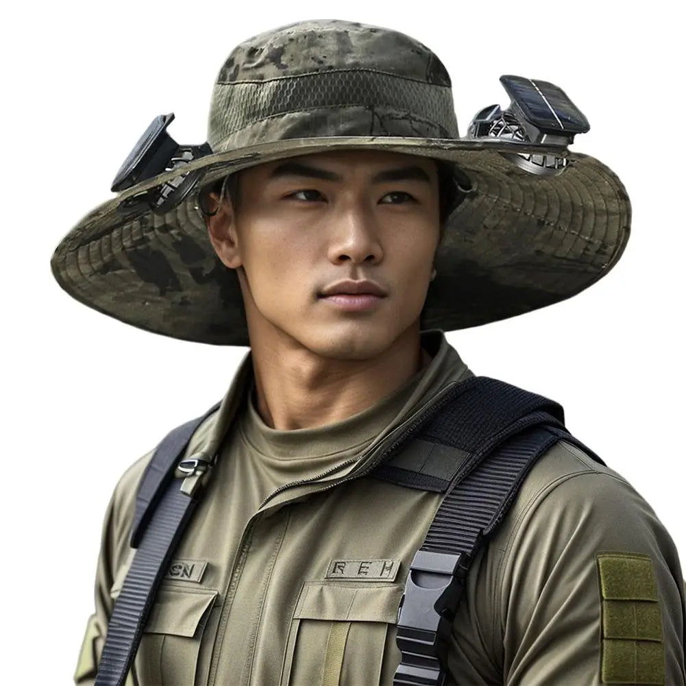 GoCamping UPF 50+ Solar Fan Sun Hat – Wide Brim Bucket Hat with Dual Fans