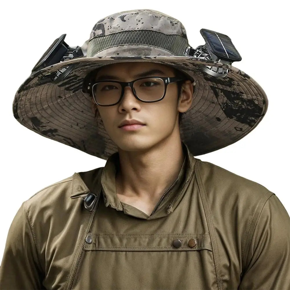 GoCamping UPF 50+ Solar Fan Sun Hat – Wide Brim Bucket Hat with Dual Fans