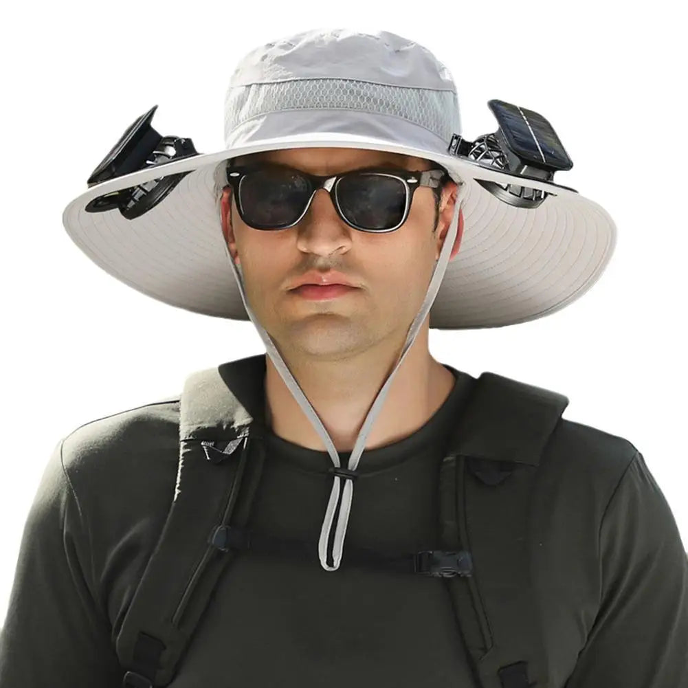 GoCamping UPF 50+ Solar Fan Sun Hat – Wide Brim Bucket Hat with Dual Fans