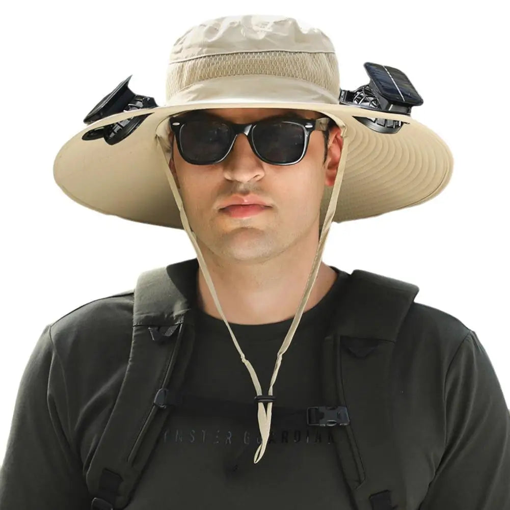 GoCamping UPF 50+ Solar Fan Sun Hat – Wide Brim Bucket Hat with Dual Fans