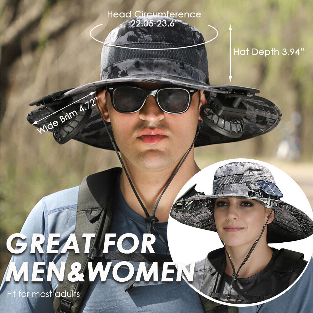 GoCamping UPF 50+ Solar Fan Sun Hat – Wide Brim Bucket Hat with Dual Fans
