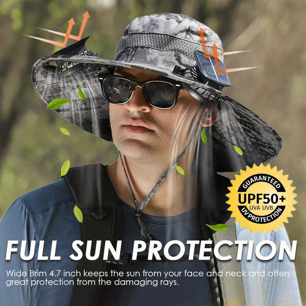 GoCamping UPF 50+ Solar Fan Sun Hat – Wide Brim Bucket Hat with Dual Fans