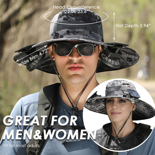 GoCamping UPF 50+ Solar Fan Sun Hat – Wide Brim Bucket Hat with Dual Fans